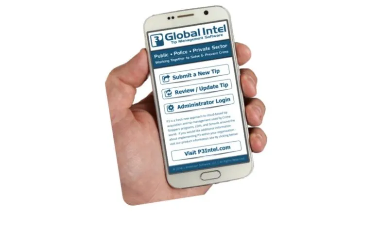 Hand holding smartphone displaying Global Intel tip management software.