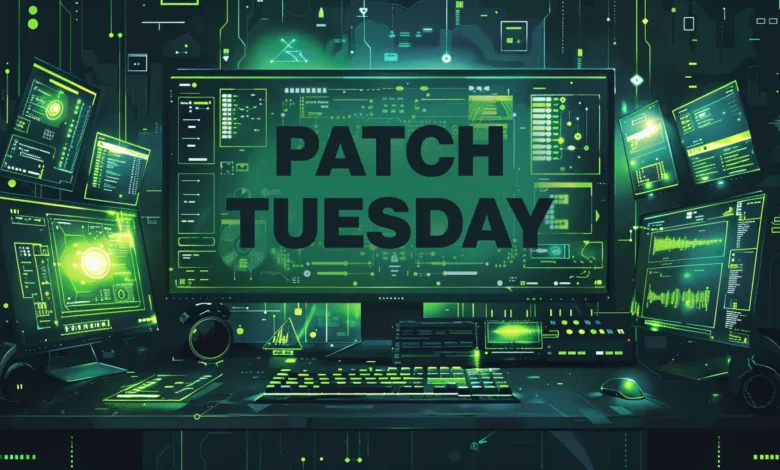 Cybersecurity themed image with 'Patch Tuesday' text on a computer screen.