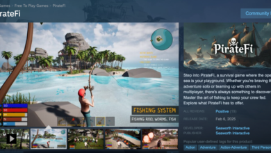 PirateFi game screenshot showing character fishing on a tropical island.