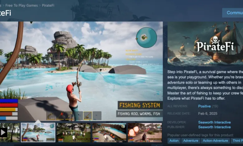 PirateFi game screenshot showing character fishing on a tropical island.