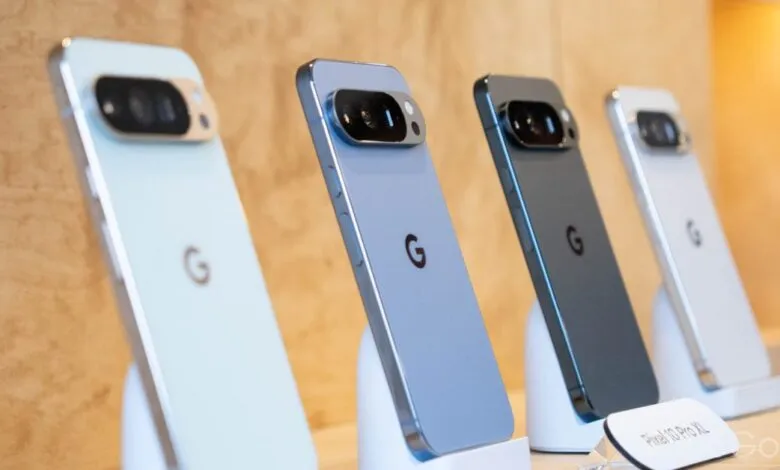 Four Google Pixel 10 Pro XL phones in different colors on display.