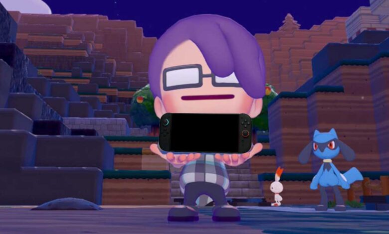 Avatar holding a Nintendo Switch with Pokémon characters in the background.