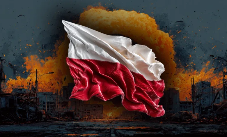 Polish flag waving against a backdrop of destruction and fire.