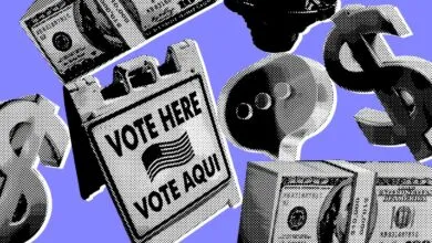 Vote sign, money, and speech bubble in halftone style on a purple background.