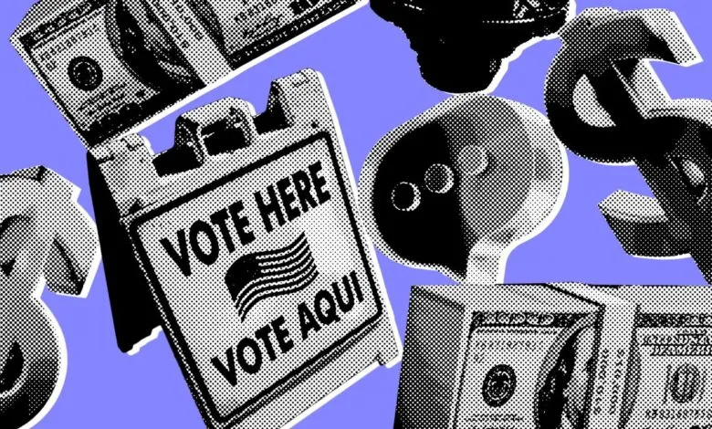 Vote sign, money, and speech bubble in halftone style on a purple background.