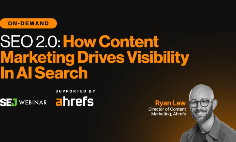 SEO 2.0 webinar graphic featuring Ryan Law, Director of Content Marketing at Ahrefs.