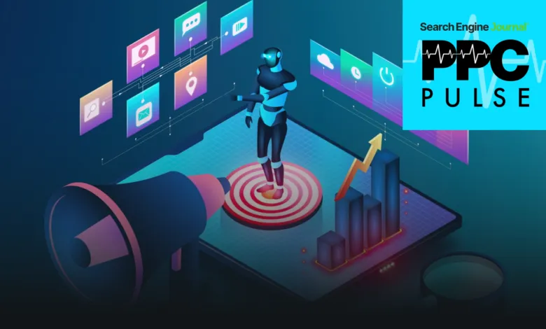 AI robot standing on target, megaphone, and rising graph on a tablet.