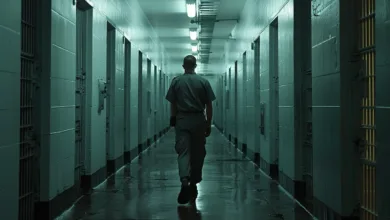 Prison guard walks down a long, dimly lit corridor with cells.