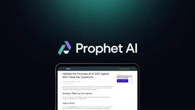 Prophet AI logo with Gartner report on AI SOC agents on a phone screen.