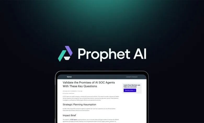 Prophet AI logo with Gartner report on AI SOC agents on a phone screen.