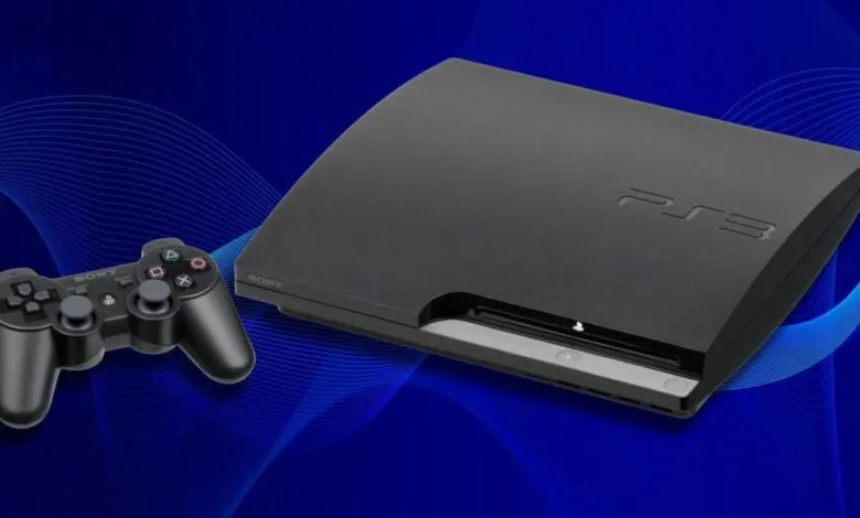 Black PlayStation 3 console and controller on a blue wavy background.