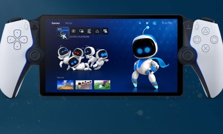 PlayStation Portal handheld gaming device with Astro's Playroom on screen.