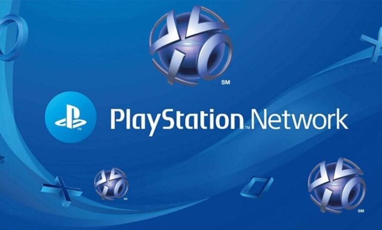 PlayStation Network logo on a blue gradient background with symbols.