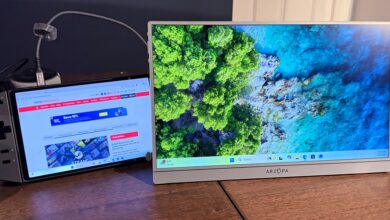 Handheld gaming PC next to a portable monitor displaying a coastal landscape.