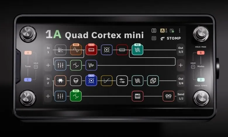 Quad Cortex Mini digital effects unit display showing signal chain routing.