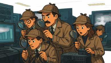 Cartoon detectives scrutinize data on screens with magnifying glasses.