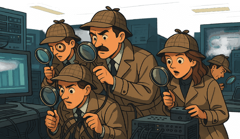Cartoon detectives scrutinize data on screens with magnifying glasses.