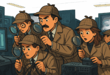 Cartoon detectives in trench coats examine computer screens with magnifying glasses.