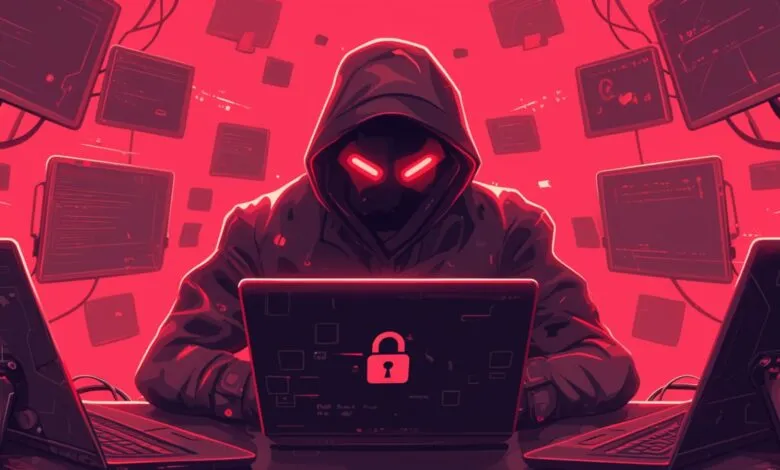 Hooded figure at laptop with padlock, surrounded by monitors in red light.