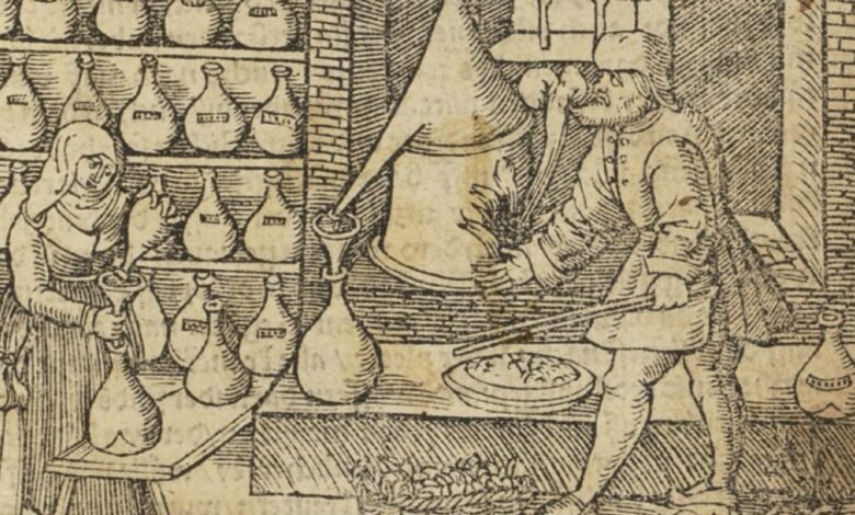 Woodcut illustration of two figures working in a medieval apothecary or laboratory.