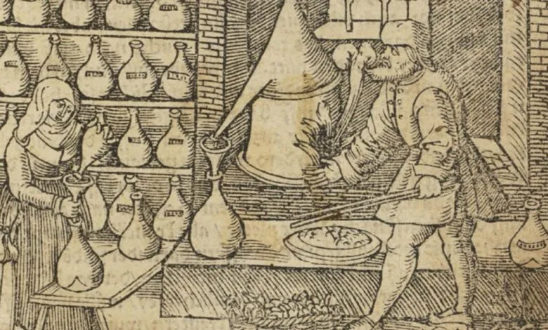 Woodcut illustration of two figures working in a medieval apothecary or laboratory.