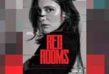 Movie poster for 'Red Rooms' featuring a woman with glitch effects.
