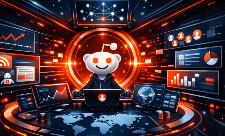 Reddit Snoo in command center surrounded by data visualizations.