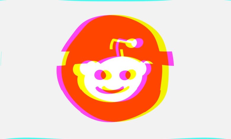 Glitch art of the Reddit alien logo with orange, yellow, and magenta layers.