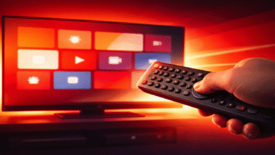 Hand holding remote control pointed at a smart TV screen.