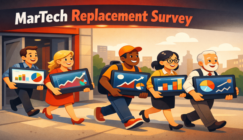 Diverse group carrying screens displaying charts for MarTech Replacement Survey.
