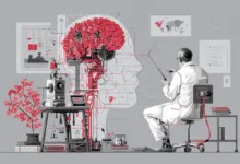 Scientist in lab coat studies brain diagram with intricate red circuitry.