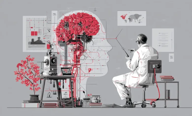 Scientist in lab coat studies brain diagram with intricate red circuitry.