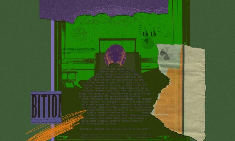 Collage with a person at a computer, graphs, and scientific text.