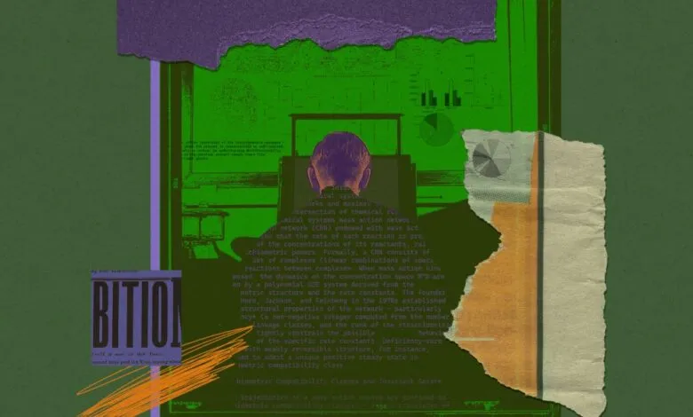 Collage with a person at a computer, graphs, and scientific text.