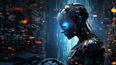 Futuristic robot with glowing eyes typing on a keyboard in a digital cityscape.