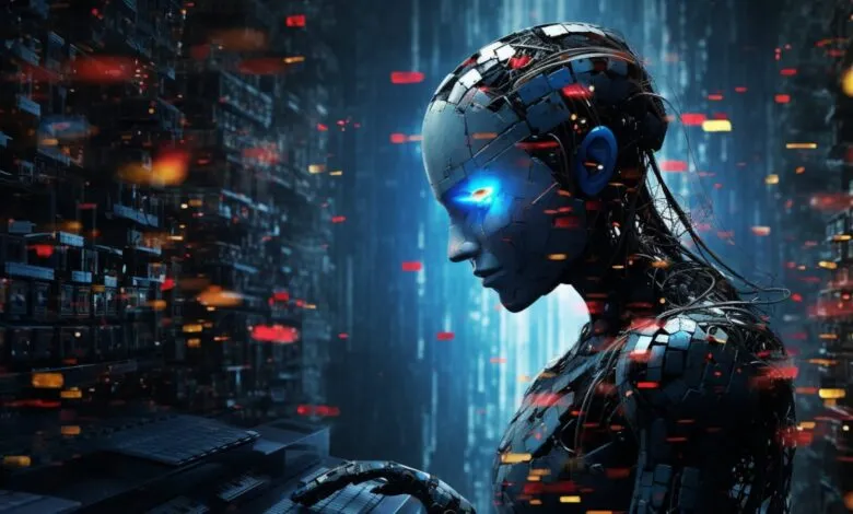 Futuristic robot with glowing eyes typing on a keyboard in a digital cityscape.