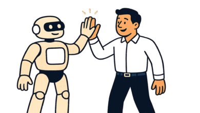 Cartoon robot and man high-fiving against a black background.
