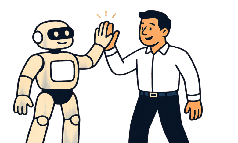 Cartoon robot and man high-fiving against a black background.