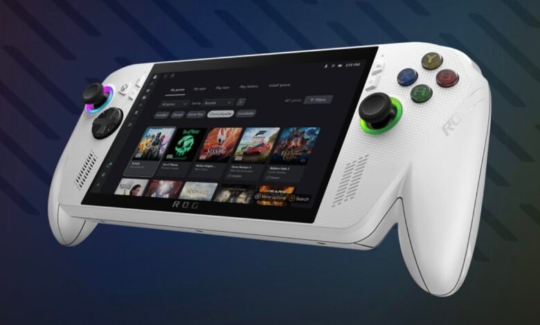White ROG Ally handheld gaming console displaying game library.