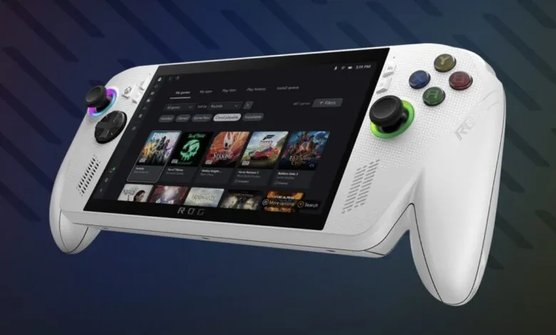 White ROG Ally handheld gaming console displaying game library.