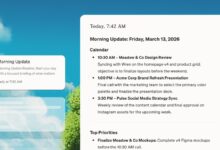 Digital interface showing a morning update with calendar events and priorities.