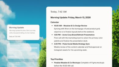 Digital interface showing a morning update with calendar events and priorities.