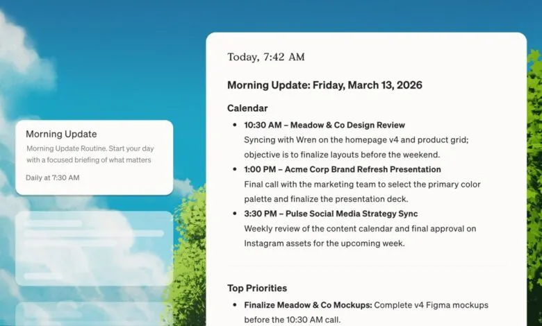 Digital interface showing a morning update with calendar events and priorities.
