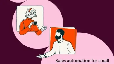 Illustration of two people video conferencing, promoting sales automation.