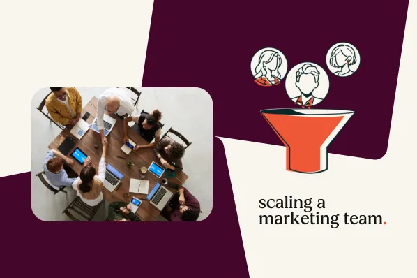 Diverse team meeting around table with funnel graphic representing team growth.