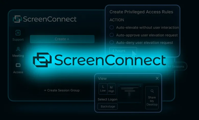 ScreenConnect interface showing privileged access rules and session management options.