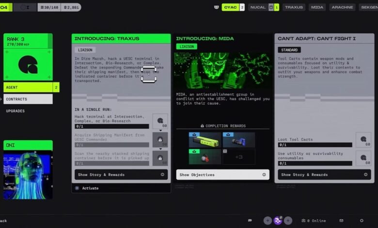 Game interface showing missions for Traxus and Mida, plus tool cart details.