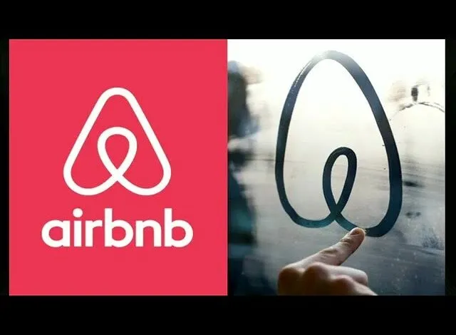 Airbnb logo on red background next to finger drawing logo on foggy glass.