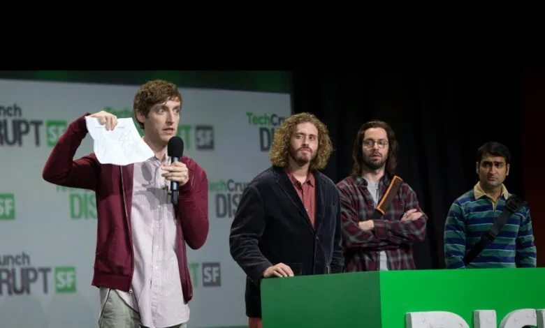 Silicon Valley cast on stage at TechCrunch Disrupt SF conference.