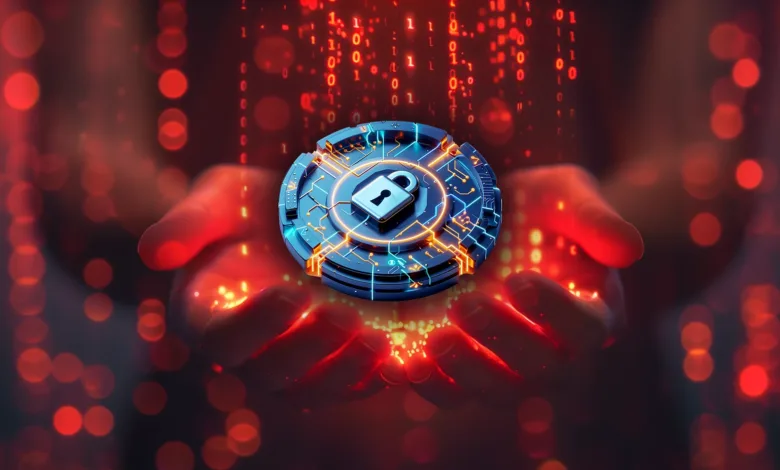 Hands holding a digital lock with binary code, symbolizing cybersecurity.